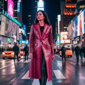 Może przedstawiać: Długi, fuksjowy płaszcz z wzorem skóry węża. Płaszcz jest zapięty i noszony na czarnym topie i czarnych spodniach. Tłem jest ulica miasta w nocy z jasnymi światłami i żółtymi taksówkami.