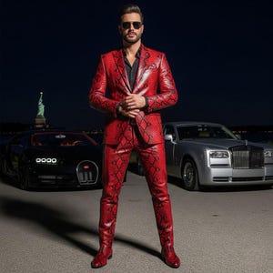 Red Snake Embossed Leather Suit Custom Biker Jacket & Pants Style