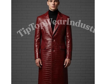 Handmade Men Red Crocodile Embossed Leather Coat Long Trench Jacket Vintage Reptile Texture Outfit