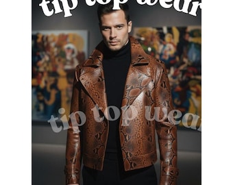 Neue Vintage Style Snake Print Lederjacke Herren Retro Biker Moto Jacke