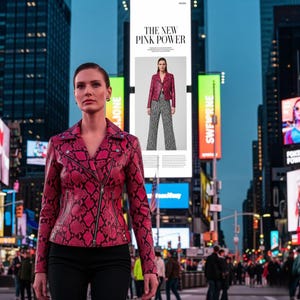 Op de afbeelding: Een vrouw in een roze leren jasje met slangenpatroon en een zwarte broek staat op Times Square. De jas heeft een diagonale rits en een reverskraag. Een billboard op de achtergrond leest "THE NEW PINK POWER."