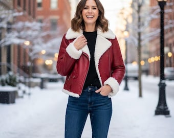 Red Leather Jacket with Fur Trim for Women Luxury Winter Coat Trendy Outerwear