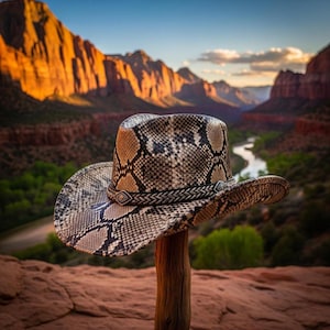 Pode incluir: Um chapéu de cowboy com um padrão de pele de cobra em tons de castanho, bege e preto. O chapéu está pousado num poste de madeira, com uma faixa trançada e detalhes decorativos. O fundo apresenta uma vista panorâmica de montanhas e um rio.