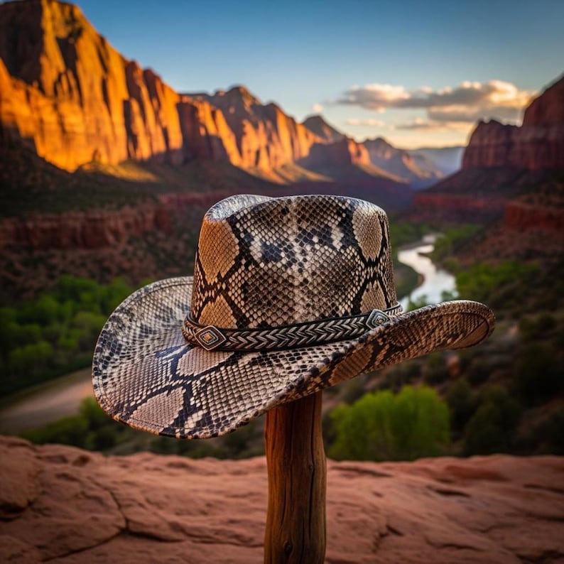 May include: A cowboy hat with a snakeskin pattern in shades of brown, tan, and black. The hat is perched on a wooden post, with a braided band and decorative accents. The background features a scenic view of mountains and a river.