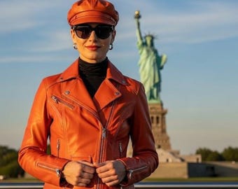 Genuine Leather Jacket with Faux Fur Collar: Handmade Women's Winter Coat