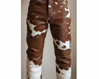 Mens Cowhide Hairs on Leather Pant Authentic Western Style Trouser