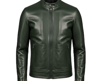 May include: A dark green leather jacket with a stand-up collar and a full-length zipper. The jacket has two vertical zippered pockets and a tailored fit. The sleeves are long and fitted.
