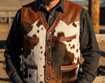 Hair On Cowhide Leather Vest Unique Western Biker Style