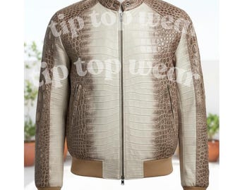 Authentic Crocodile Embossed Leather Jacket for Men Handmade