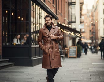 Handmade Genuine Leather Trench Coat  Full Length Winter Overcoat