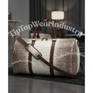 Leather Duffel Bag, Handmade Weekender Crocodile Embossed