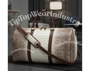 Leather Duffel Bag, Handmade Weekender Crocodile Embossed