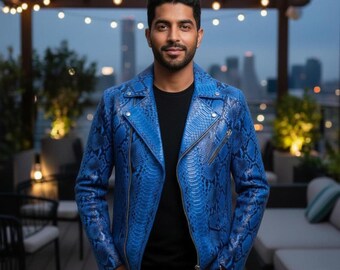 Men Embossed Leather Jacket Snake Print Bold Street Style Designer Look Jacket