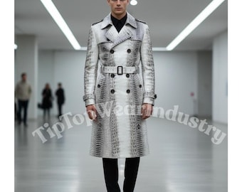 Men's Crocodile Embossed Leather Trench Coat - Gothic Fashion