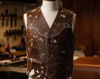 Handmade Hair On Cowhide Leather Vest Rustic Western Style Vest
