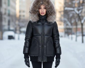 Fuchspelz Kapuze Leder Steppjacke für Frauen Gemütliche Winter Mode Stilvoller Mantel