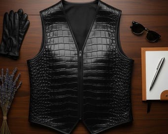 Äkta Läder Krokodilpräglad Läderväst Edgy Lyxig Streetwear Mode