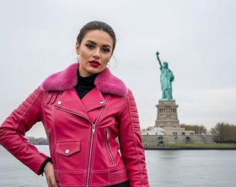 Vintage Style Leather Jacket with Faux Fur Collar - Women's Winter Coat