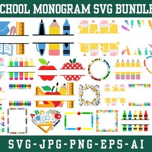 School Split Monograms Svg Bundle,Pencil Name Label Cut File, Apple Monogram,Teacher Split Monogram,Back To School svg,Notebook Stickers svg