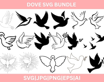 Peut inclure: Une collection de motifs de colombes dans différents styles, y compris des silhouettes, des dessins au trait et des illustrations avec des branches d'olivier. L'image comprend le texte "DOVE SVG BUNDLE" et des indicateurs de type de fichier.