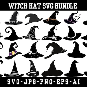 May include: A selection of black witch hat designs in different styles. The image features hats with stars, buckles, and other decorative details. The text "WITCH HAT SVG BUNDLE" is at the top, and "SVG-JPG-PNG-EPS-AI" is at the bottom.