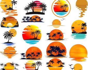 Retro Sunset SVG Clipart | Palm Tree Beach Scene (Digital Download)