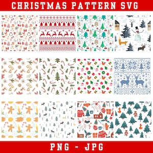 May include: A collection of Christmas-themed patterns in a grid layout. The patterns include reindeer, Christmas trees, snowmen, gingerbread men, and other festive elements in various color schemes. The text "CHRISTMAS PATTERN SVG" is at the top.