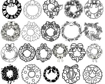 May include: A collection of black and white Christmas wreath designs. The wreaths feature various styles, including bows, bells, and foliage. The text "CHRISTMAS WREATH BUNDLE" is at the top. Below the wreaths are the file type options: SVG, JPG, PNG, EPS, and AI.