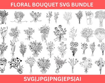 Floral Bouquet SVG Bundle, Wildflower PNG Clipart (Digital Download)