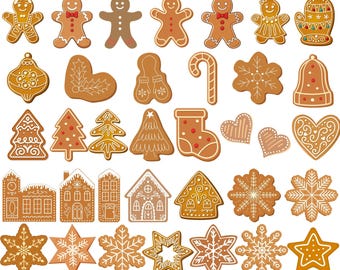 May include: A collection of gingerbread-themed SVG designs. The image features various gingerbread cookies in different shapes, including gingerbread people, trees, houses, and snowflakes. The text "GINGERBREAD SVG BUNDLE" is at the top, with file type options at the bottom.
