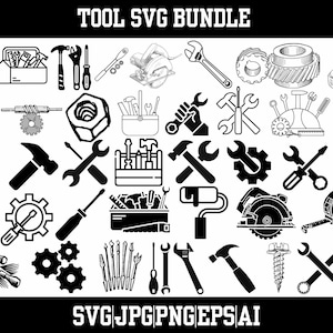Könnte beinhalten: Schwarz-weißes Werkzeug-SVG-Bundle mit verschiedenen Werkzeugen wie Hämmern, Schraubenschlüsseln, Schraubendrehern, Sägen und Zahnrädern. Der Text "TOOL SVG BUNDLE" steht oben, mit Dateityp-Symbolen unten.