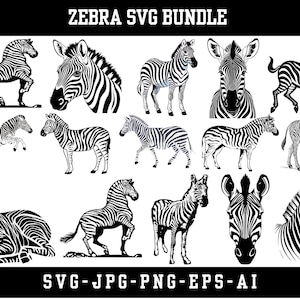 Könnte beinhalten: Ein schwarz-weißes Zebra-SVG-Bundle mit verschiedenen Zebra-Illustrationen in unterschiedlichen Posen. Der Text "ZEBRA SVG BUNDLE" steht oben und "SVG-JPG-PNG-EPS-AI" unten.
