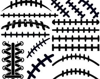 Puede incluir: Gráfico en blanco y negro de varias puntadas de fútbol americano. La imagen incluye diferentes patrones de puntadas, incluyendo líneas curvas y rectas, y un diseño de cordones. El texto "AMERICAN FOOTBALL STITCHES" está en la parte superior y "SVG | JPG | PNG | EPS | AI" en la parte inferior.