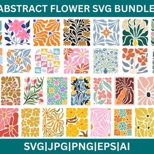 Può includere: Una collezione di colorati disegni floreali astratti in formato rettangolare. I disegni presentano vari fiori e foglie in tonalità di rosa, arancione, giallo, blu e verde. Il testo in alto recita "ABSTRACT FLOWER SVG BUNDLE".