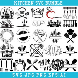 May include: A collection of black and white kitchen-themed SVG designs. The images include chef hats, cooking utensils, and the text "KITCHEN SVG BUNDLE" and "Baking Time". Ideal for crafting and design projects.