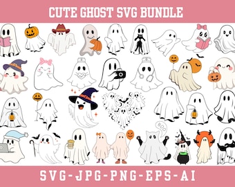 Cute Ghost Halloween svg Bundle,Cute ghost with pumpkin, Spooky Ghost,Cute Ghost Svg Png Bundle,Ghost Reading svg,Pumpkin Latte,Cut ai Files