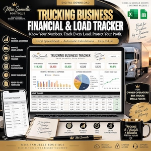 Könnte beinhalten: Ein digitaler Finanz- und Fracht-Tracker für Transportunternehmen, dargestellt auf einem Laptop- und Smartphone-Bildschirm. Die Oberfläche zeigt Einnahmen, Ausgaben, Gewinnspannen und Frachtdaten. Enthält Notizbuch, Stift und eine Tasse.