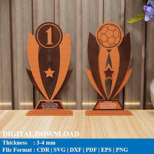 Può includere: Due trofei in legno con un design a strati. Uno presenta il numero 1, l'altro un pallone da calcio. Entrambi hanno una stella e il testo "Thank You For Your Outstanding Effort In Development And Implementation."