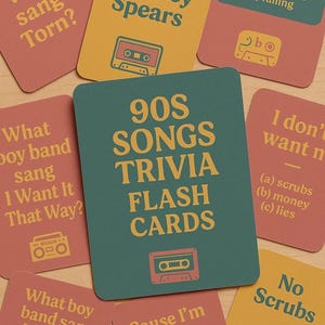 90s Songs Trivia Flash Cards – Printable Retro Party Game – Finish the Lyrics & Who Sang It – 40 Fun Cards – Instant Download