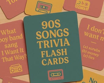 90s Songs Trivia Flash Cards – Printable Retro Party Game – Finish the Lyrics & Who Sang It – 40 Fun Cards – Instant Download