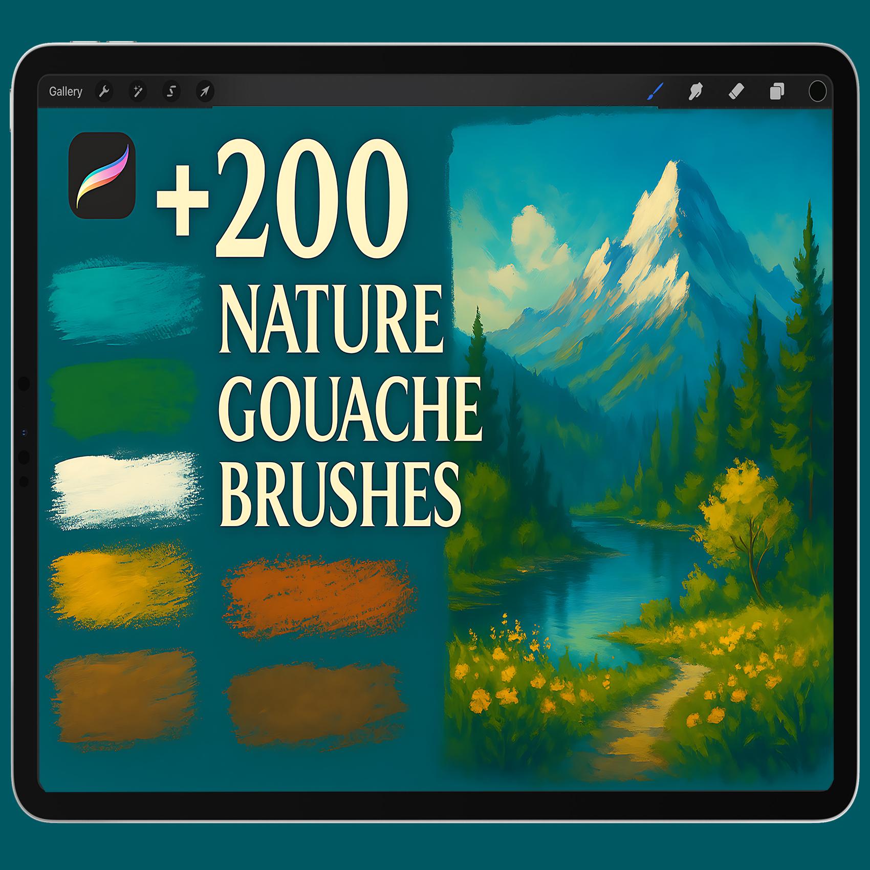 Más de 200 pinceles Gouache para Procreate en iPad – Set de gouache húmeda, sellos y herramientas de pintura