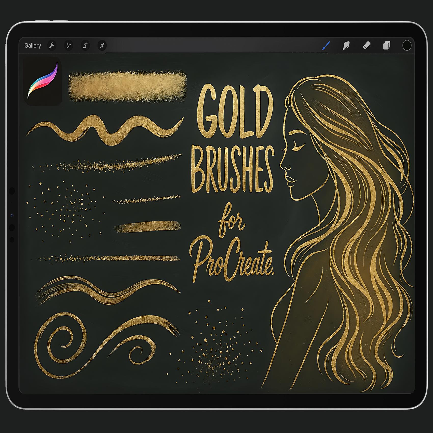 65+ pinceles de oro para Procreate – Purpurina, metal líquido, efectos metálicos + papeles dorados y paletas
