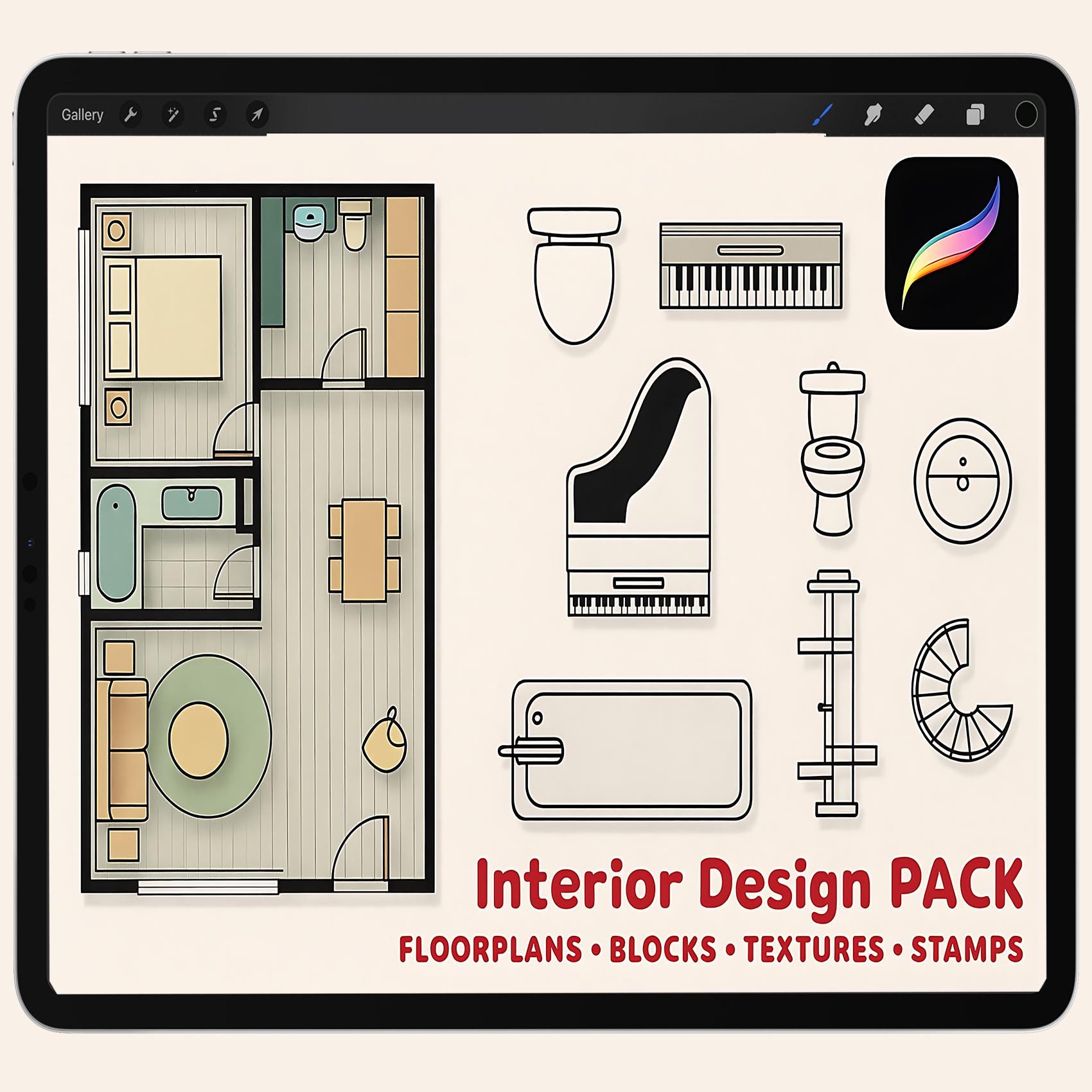 700+ Procreate Interior & Furniture Stamp Brushes – Floorplan Blocks, Architectural Symbols & Texture Set