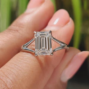 Emerald Cut Lab Diamond Engagement Ring: Solitaire 925 Silver, Gold Band