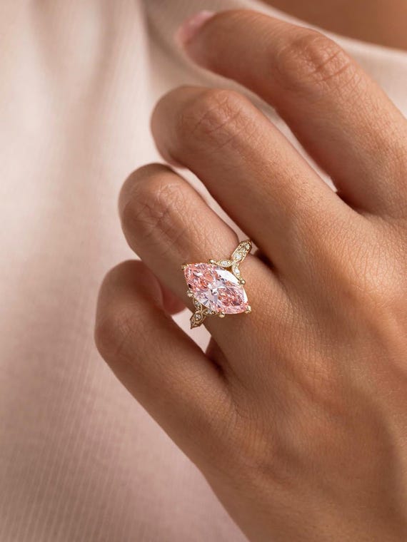 Marquise Lab Grown Pink Diamond Engagement Ring: Rose Gold, Handmade