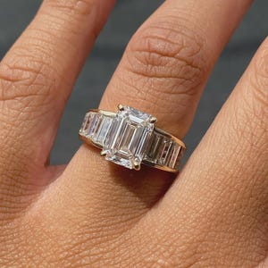3 CT Emerald Cut Lab Grown Stunning Diamond Engagement Ring 14K Yellow Gold Side Tapered Baguette Ring Bezel Set Promise Ring Gift For Her