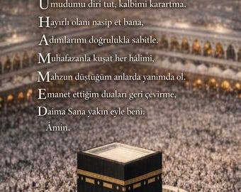 Muhammed İsmiyle Akrostiş Dua | Kâbe Temal Dijital Dua Kart | slami Duvar Sanatı