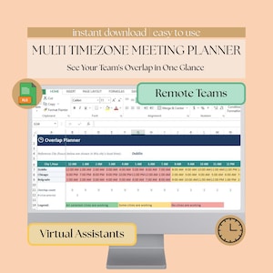 May include: A digital spreadsheet displayed on a computer monitor titled Multi Timezone Meeting Planner. The interface features an Overlap Planner table with rows for Dublin, Chicago, and Belgrade, color-coded cells, and labels for Remote Teams and Virtual Assistants.