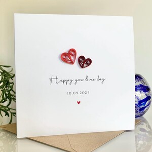 Happy You and Me day card. Personalised with date. Anniversary, love celebration. Coloured heart design