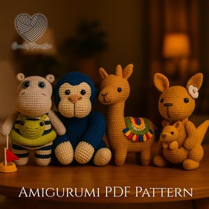 Amigurumi Zoo Animals Crochet Pattern Bundle: Hippo, Llama, Gorilla, Kangaroo (PDF Pattern)